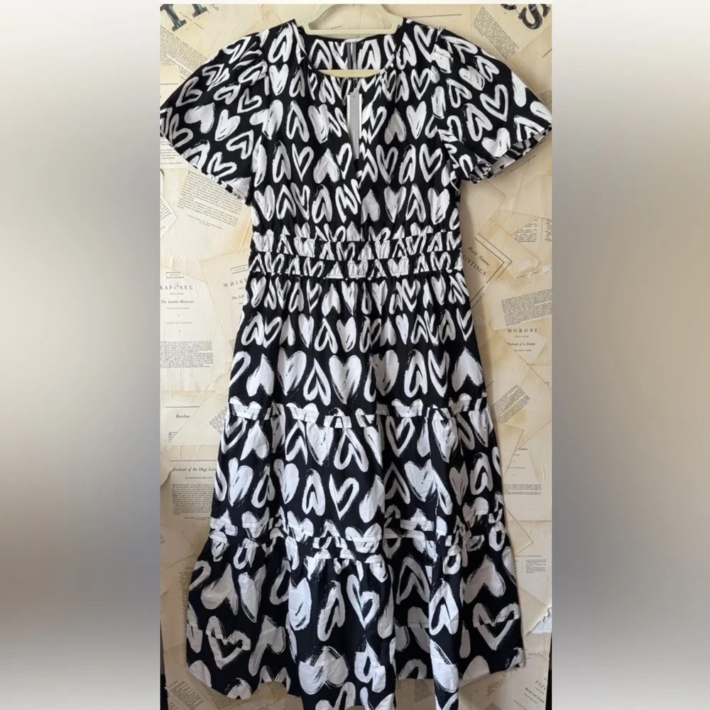 Anthropologie The Somerset Maxi Dress Smocked Heart Edition Poplin Black White - Picture 6 of 7